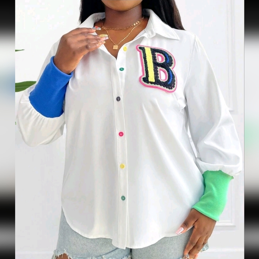 White Button Down Shirt with Colorful Accents And Letter Embroidery